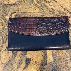 Brahmin | Brown Croc Flap Black Leather Checkbook Tri Fold Wallet